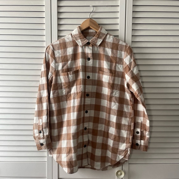 NWT J.Crew Factory flannel shirt-jacket XS petite camel & ivory - Picture 2 of 6